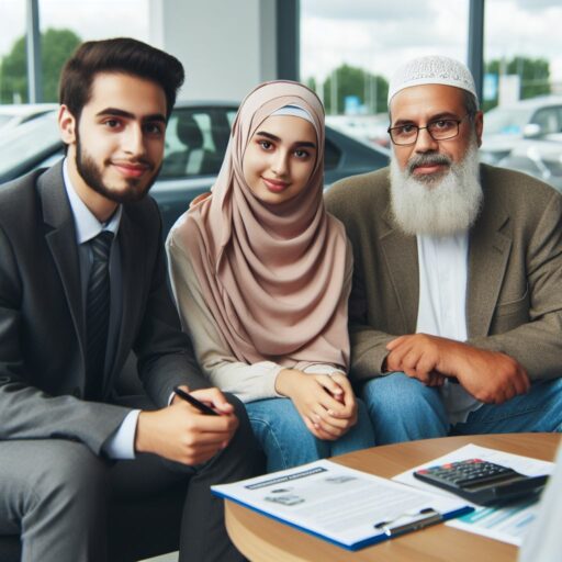 An 18 year old muslim female with her father sits with a loan officer at a car dealership