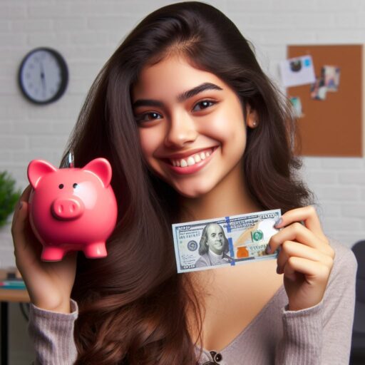An 18 year old girl holds a 100 dollar bill and a piggy bank in her other hand.