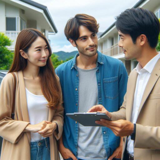 A 23 year old couple speaks with a realtor outside of a house