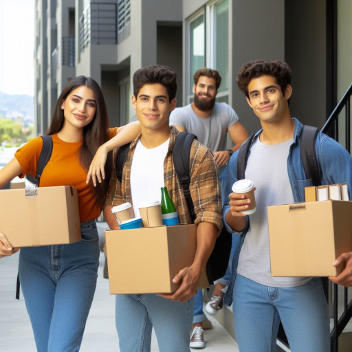 Roommates moving into an apartment building carrying items