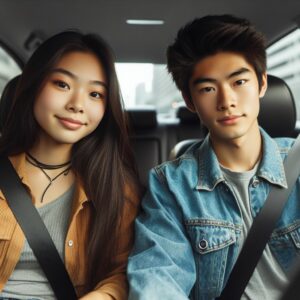 An 18 year asian couple sits in their car.