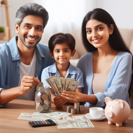 a young indian american family saving money at table