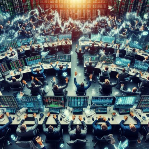 A busy stock market floor with many stockbrokers on their computers.