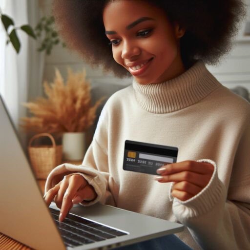 An 18 year old african american female using her credit card to make an online purchase on her laptop.