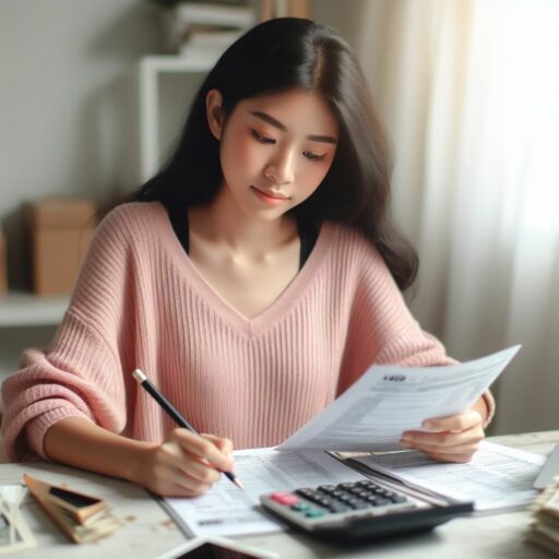 An 18 year old asian female doing her taxes.
